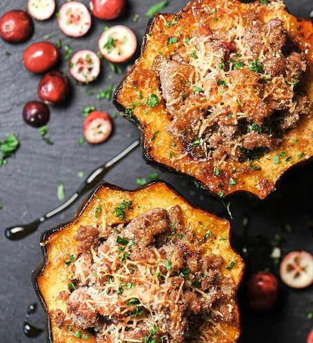 Maple Sausage and Cranberry Stuffed Acorn Squash