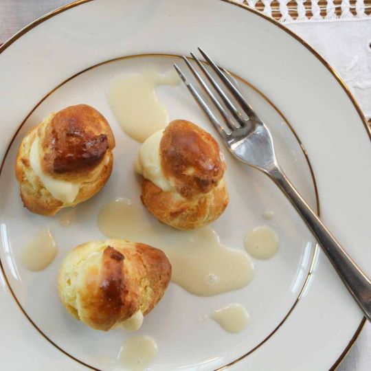 Maple Cream Profiteroles with Bourbon-barrel aged maple sauce