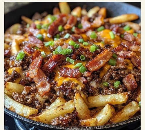 Smoky Maple Bacon Cheeseburger Skillet Fries
