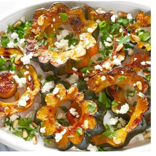 Maple Roasted Acorn Squash with Feta and Pine Nuts